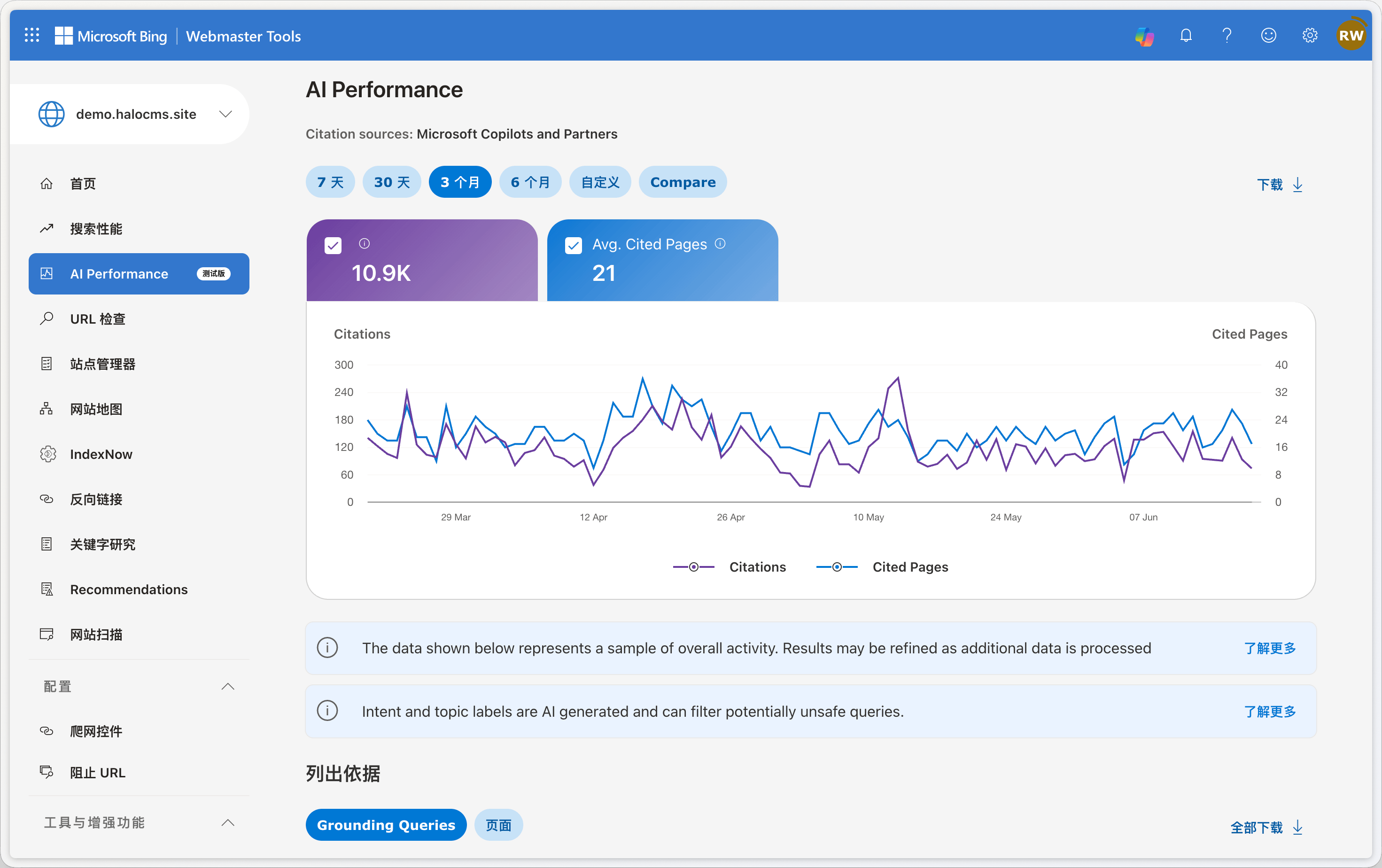 Bing Webmaster Tools - AI Performance